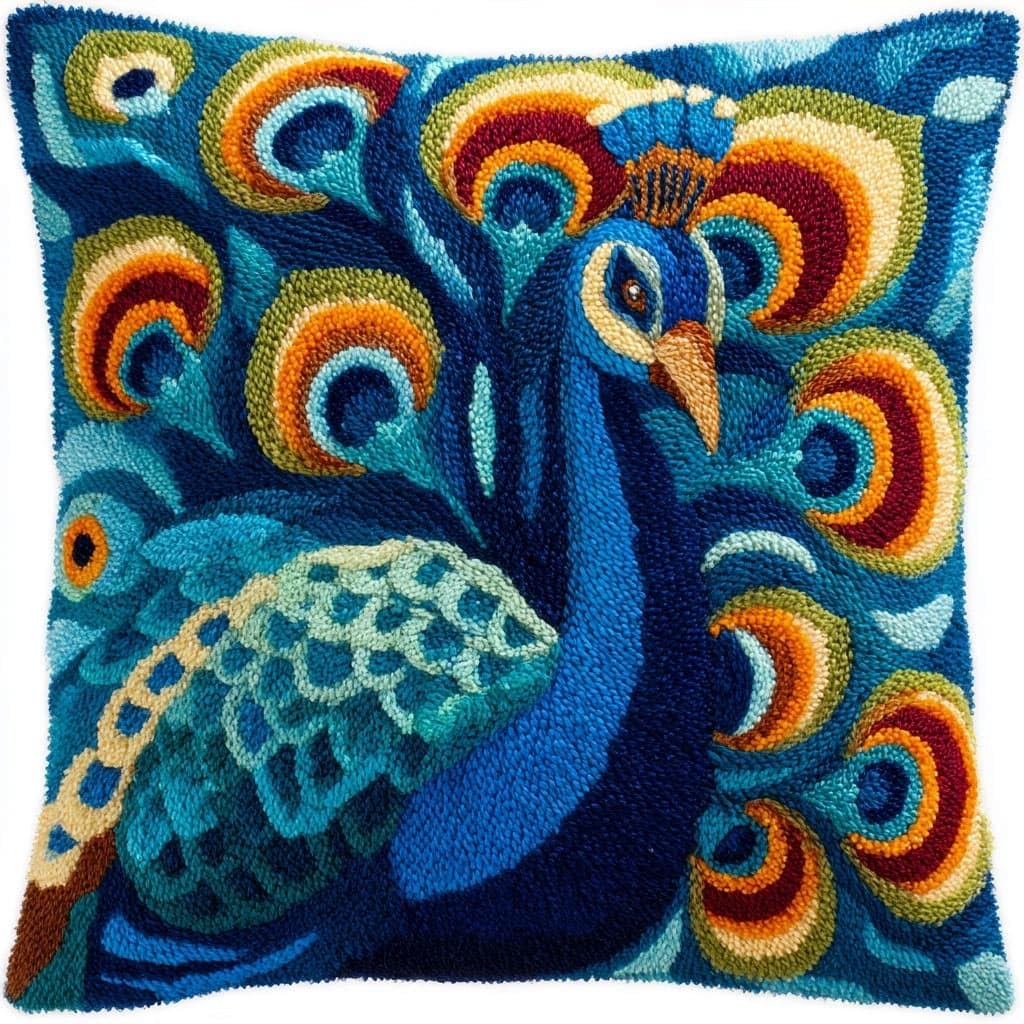 Henypt Latch Hook Kits-E Latch Hook Pillow Case Kits, Peacock