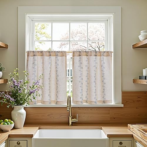 jinchan Katy Linen Floral Kitchen Curtains 24 Inches Length Stripe