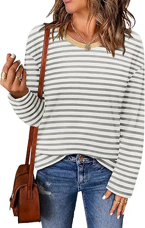 ONLYSHE Women's Casual Striped Long Sleeve Tops Crew Neck Knit Basic Loose Fit T Shirts Fall Fashion Tunic Outfits