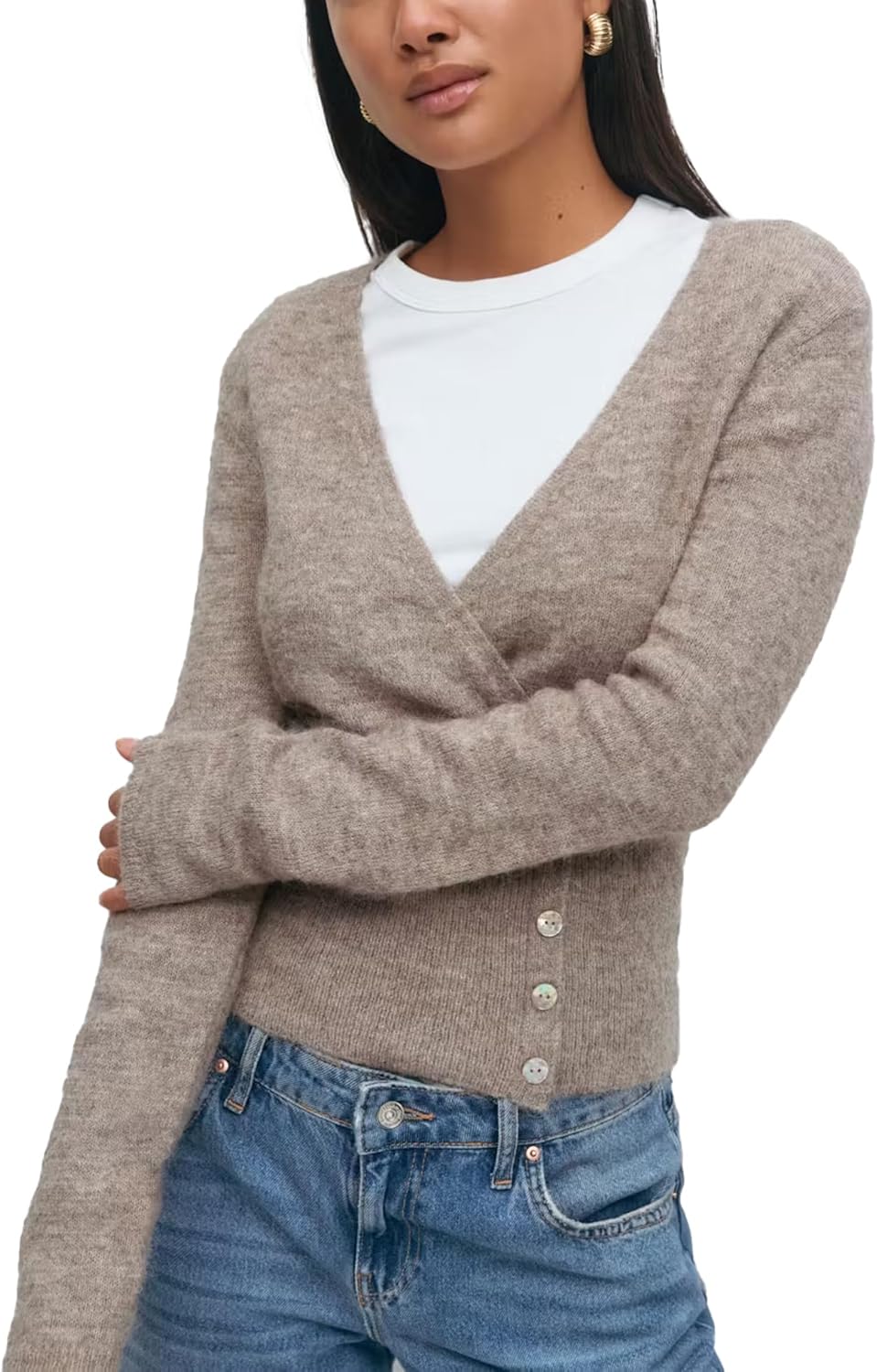 Women V Neck Wrap Sweater Pullover Long Sleeve Side Button Slim Fit Crop Knit Cardigan Fall Casual Elegant Shirts Top