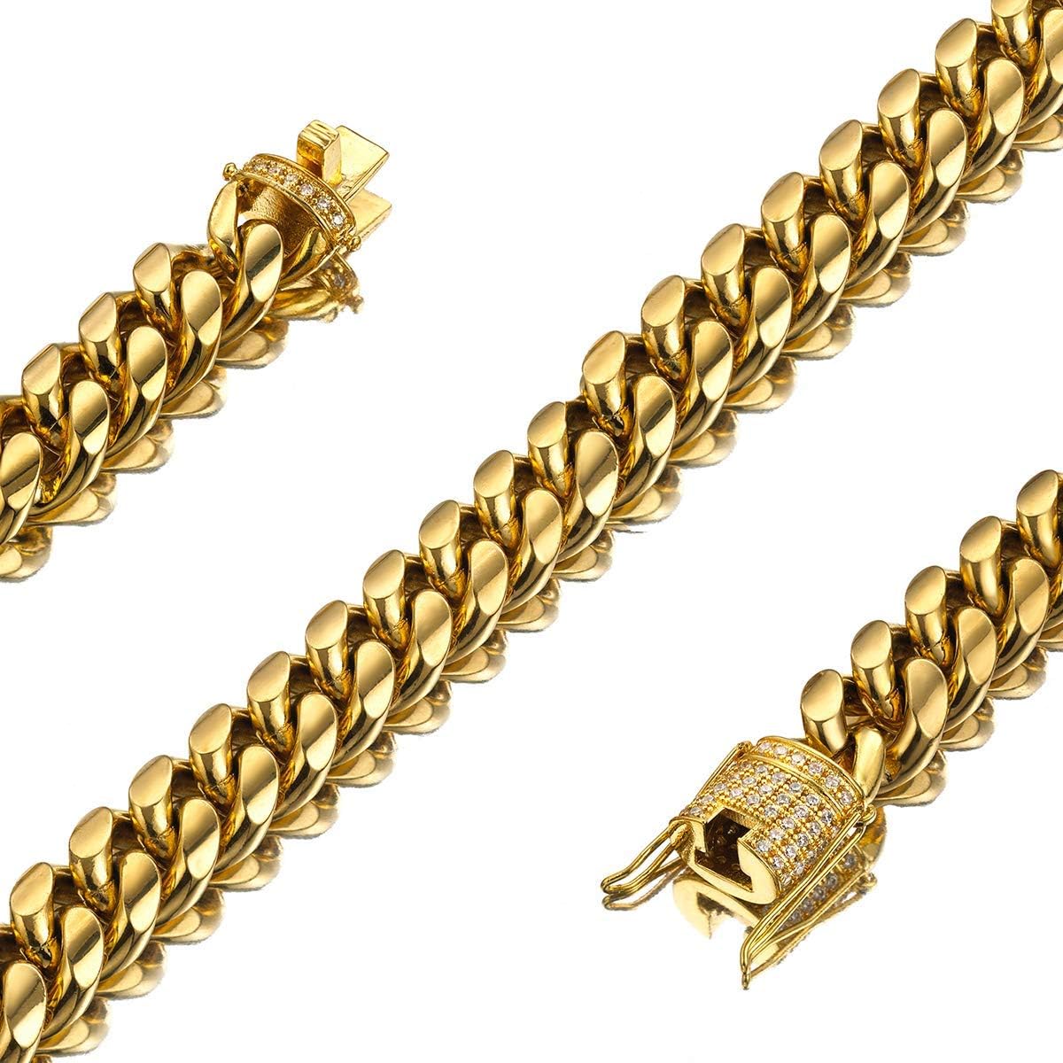 Mens Womens 10mm Miami Cuban Link Chain 18K Gold Stainless Steel Curb Boys Necklace with cz Diamond Light Duty Solid Chain