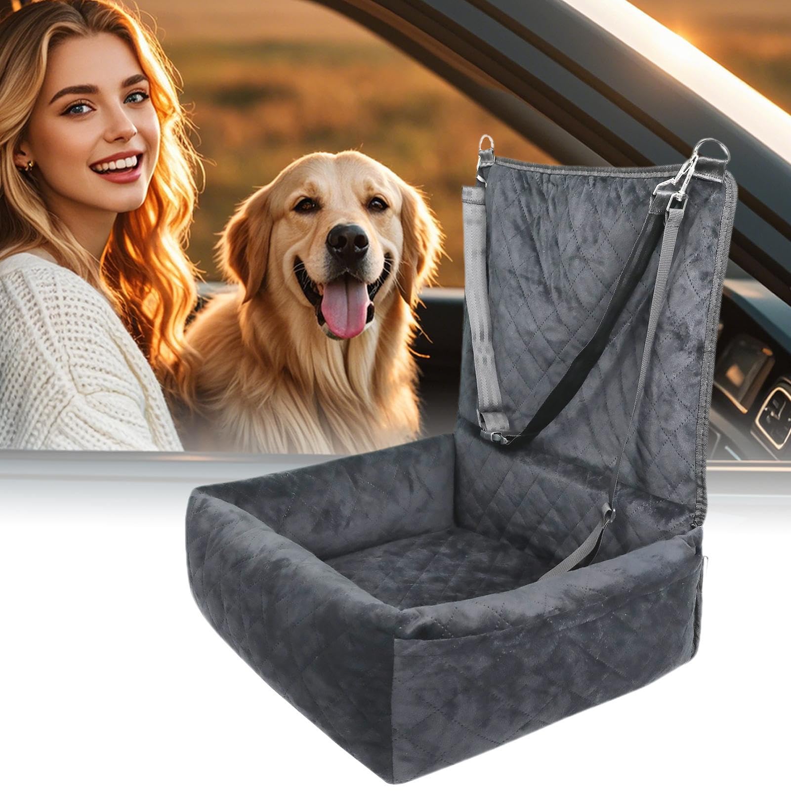 Seggiolino auto per cani, comodo sedile con 2 tasche laterali, cuscino per | veicoli per cuccioli, per sedili anteriori e posteriori, viaggi, viaggi su strada, pendolari, camper, SUV