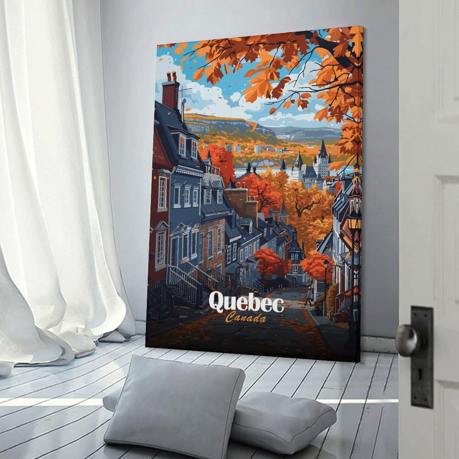 Junmoney Quebec, Canada Autumn Cityscape Canvas Art Print 24x36inch(60x90cm), for Art Walls, Layered Displays Or Homes, Decorative Artwork with Flexible Styling