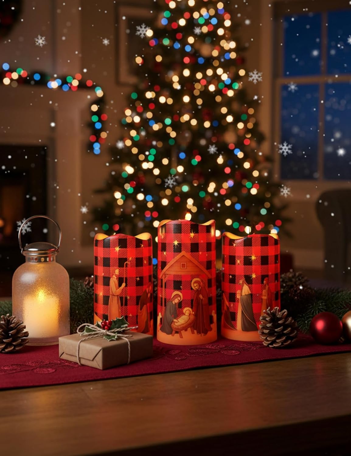 3Pcs Christmas Red and Black Nativity Scene Flameless Candles LED Pillar Jesus Religion Candle Battery Operated with Timer for Xmas Christian Holiday Table Home Decor Church Party