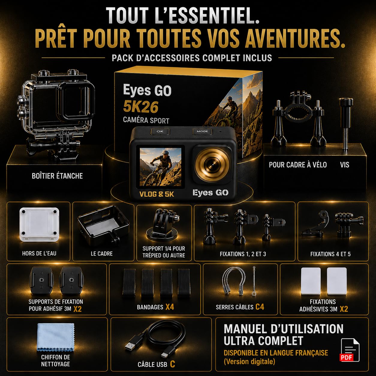 5K26 - Caméra Sport 5K30fps 4K60FPS 120FPS - 31 Accessoires - Photo 50MP - 2 Ecrans Tactile Vlog - Télécommande Micro 360° - Stabilisateur E.I.S 2.0 Étanche 30M - Carte SDXC 64GO - 2X1350mAh