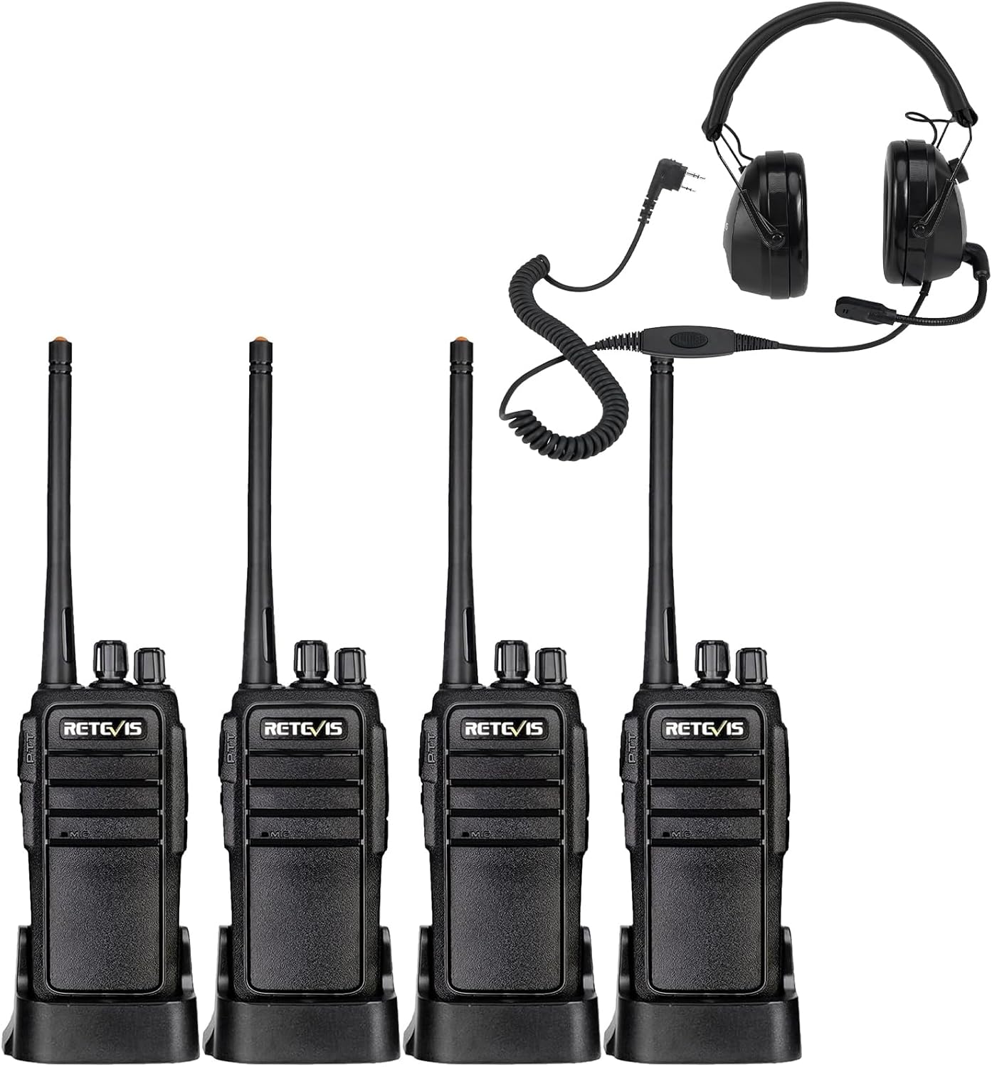 Retevis RT21 Walkie Talkies for Adults (4 Pack) Bundle with EHK012 Foldable Two Way Radio Headset with Mic (1 Pack), 2 Way Radio Long Range, Noise Reduction, Volume Adjust