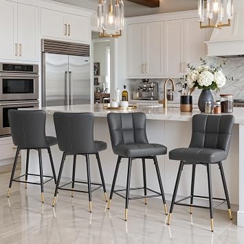 Bekrvio Swivel Bar Stools Set of 4 Bar Chairs with Backrest Thickened 10 cm Padded Kitchen Chairs Made of Faux Leather Counter Stool 65 cm Seat Height Stool with Metal Legs and Footrest for