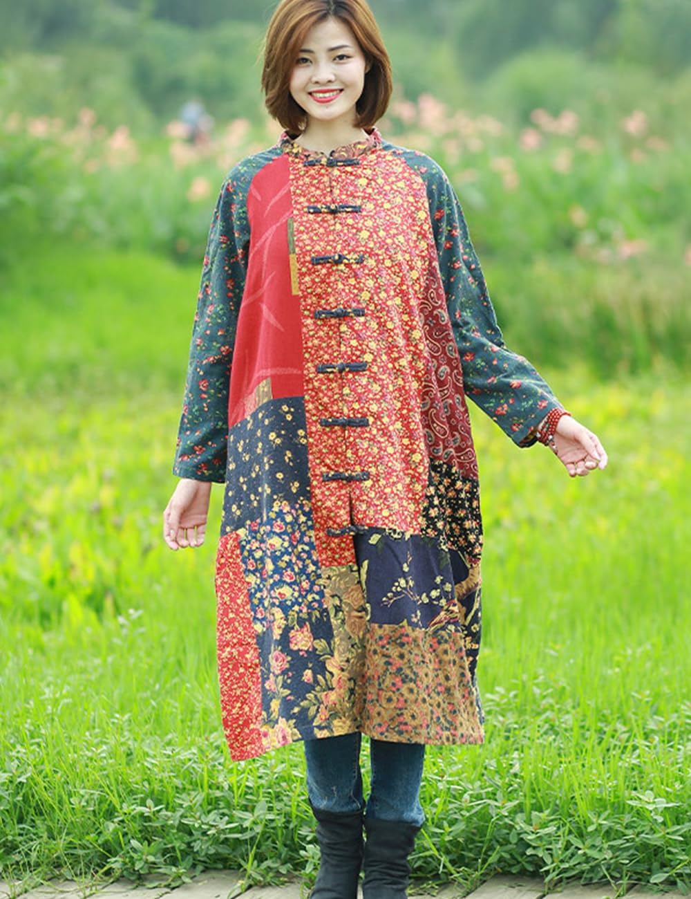 NFYM Women's Trench Coat Long Cotton Linen Floral Jacket Cottagecore Clothing Patchwork Outwear Each Piece Unique - Image 5