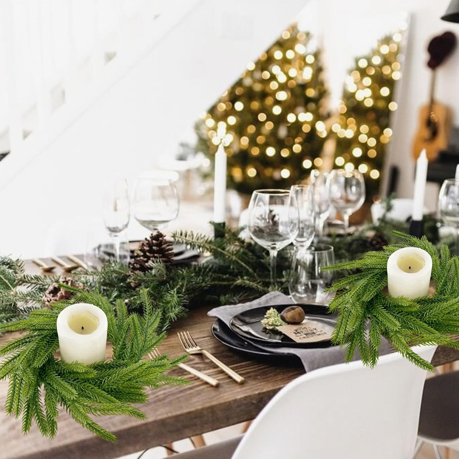 2 Pcs Christmas Norfolk Pine Candle Ring Holders Artificial Green Wreath Pillars Ornament Garland Farmhouse Style Table Centerpiece Decor for Xmas Winter Holiday Home Party Indoor