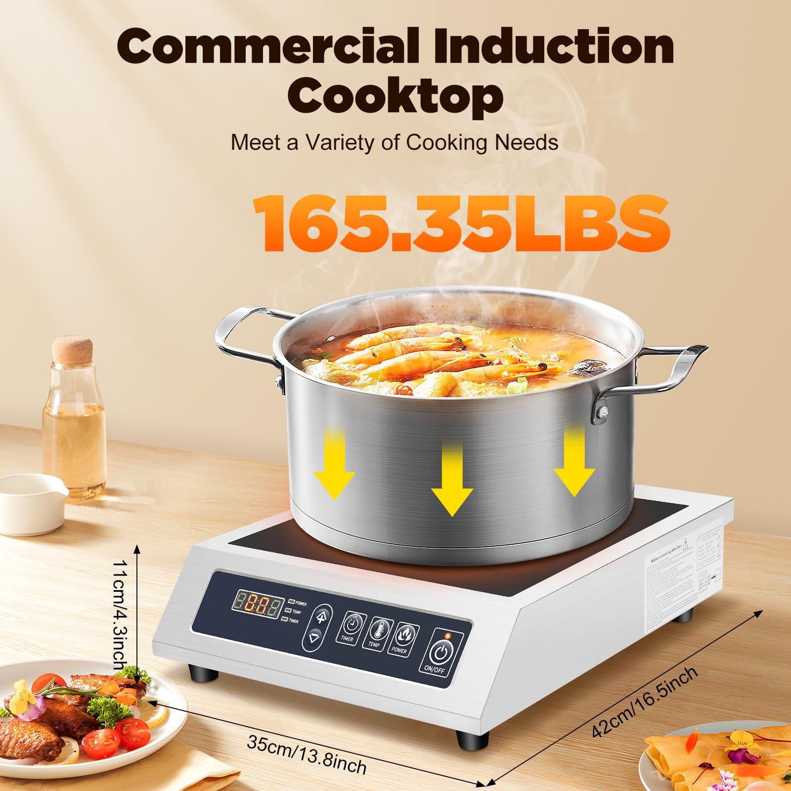 Plaque de cuisson à induction commerciale 3500 W en acier inoxydable/vitrocéramique avec 10 niveaux et réglage du temps de chauffage 24 h, plaque de cuisson à induction professionnelle pour