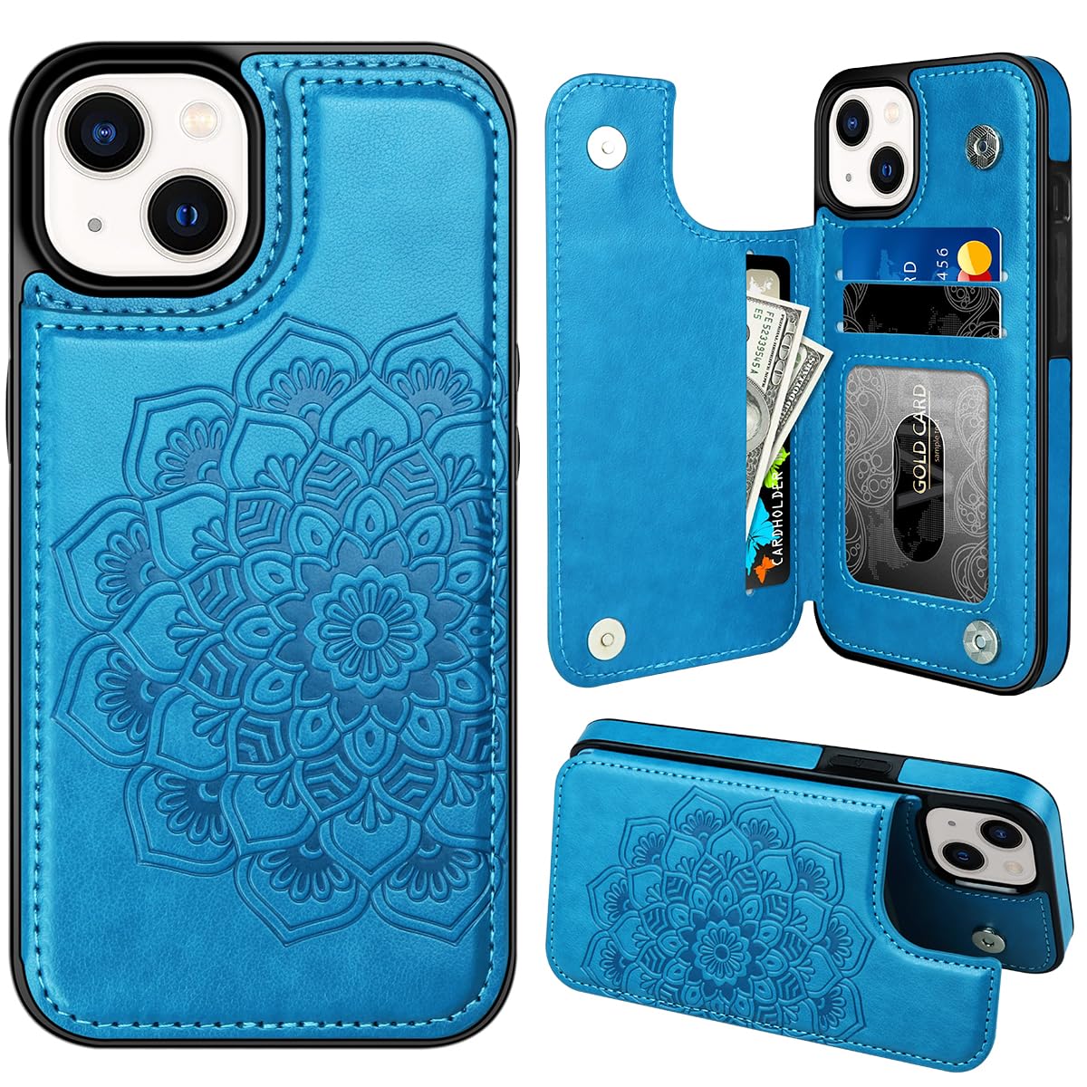 MMHUO for iPhone 13 Case with Card Holder Flower Magnetic Back Flip Case for iPhone 13 Wallet Case