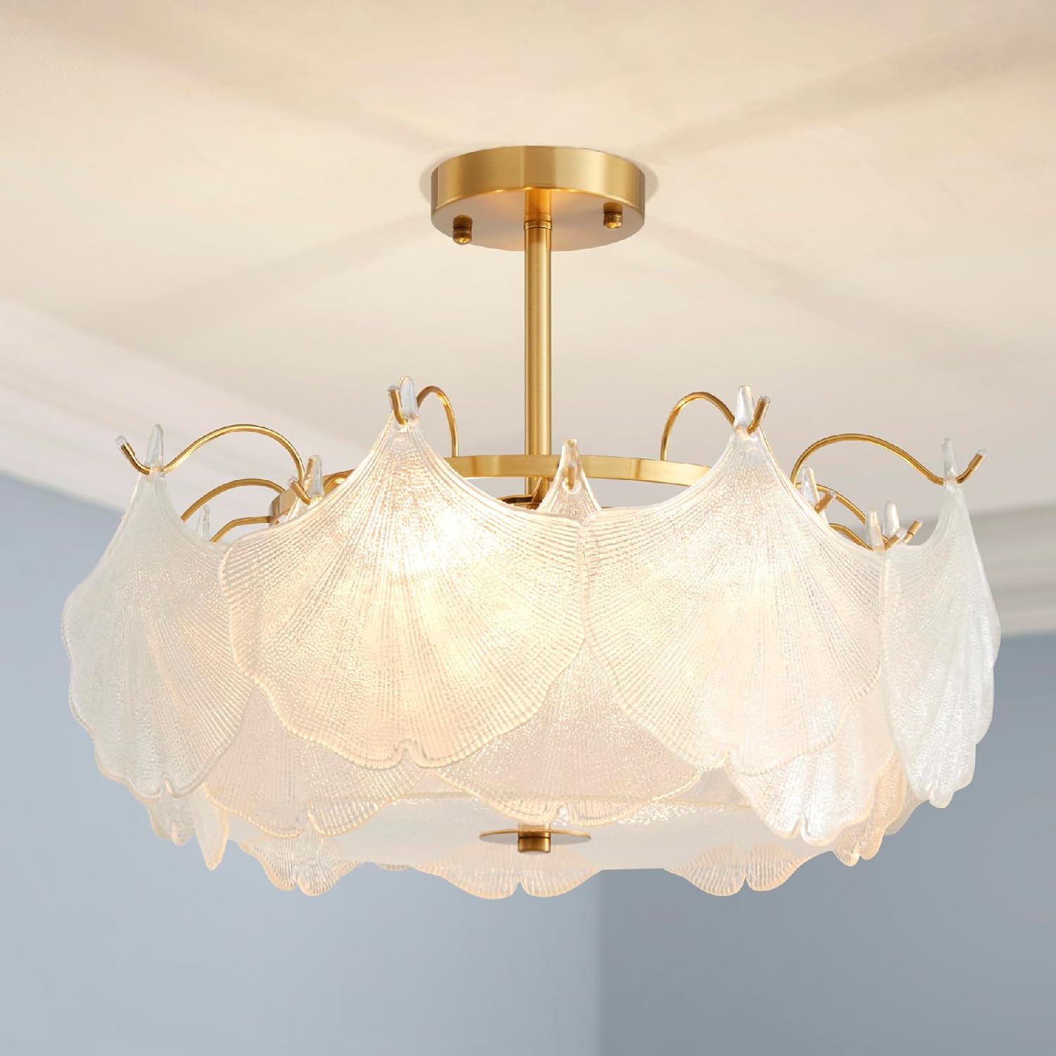 AGV LIGHTING Elegant Glass Chandelier Ceiling Light Fixture, Large Semi Flush Mount Ceiling Light, Gold Brass Finish with Frosted Glass Leaf Shades, Flush Ceiling Fixture for Bedroom, Dining Room