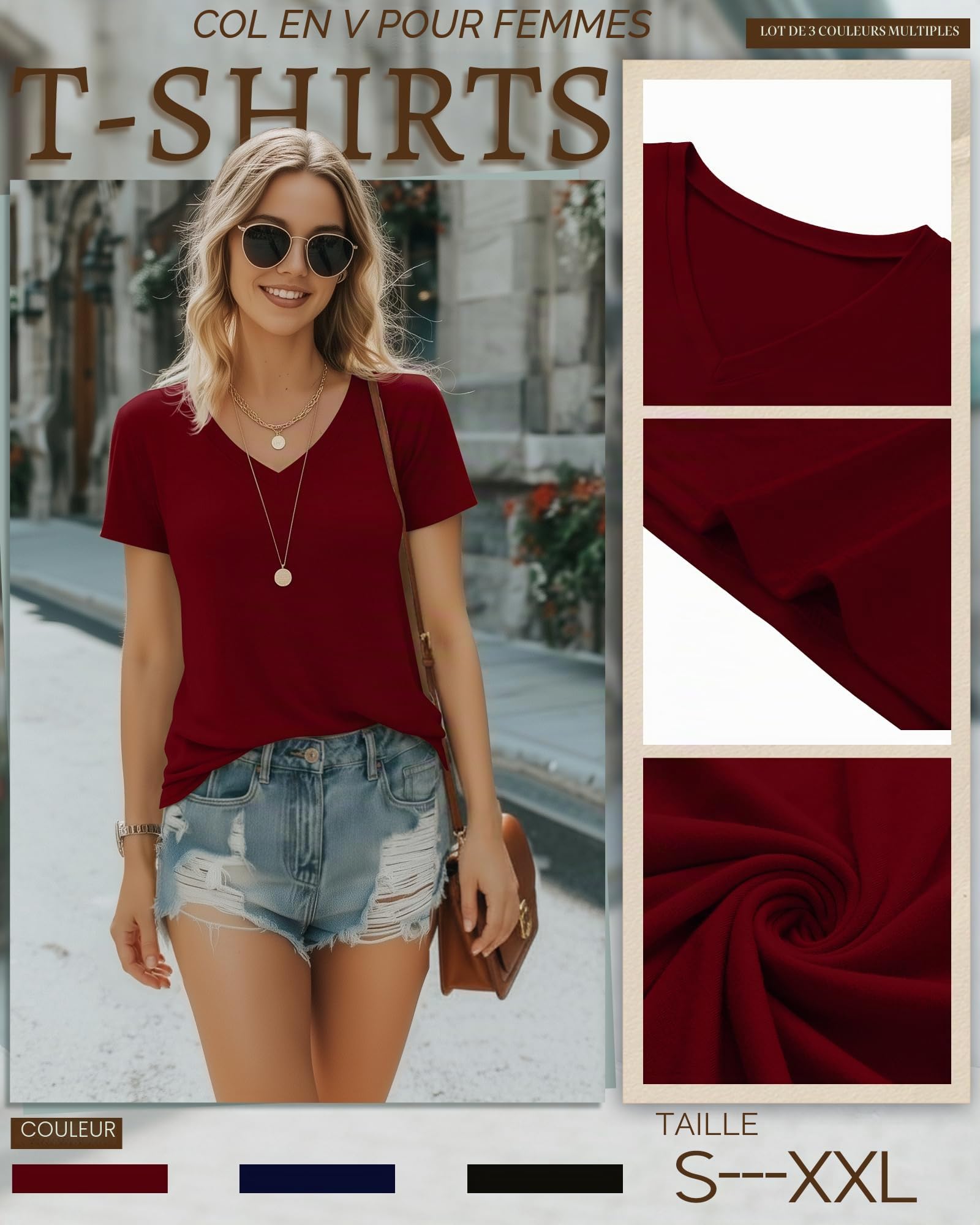 Riyiper Lot de 3 T-Shirts Femme Col V Manches Courtes Été Casual Tendance Coupe Ample Ourlet Droit Basiques