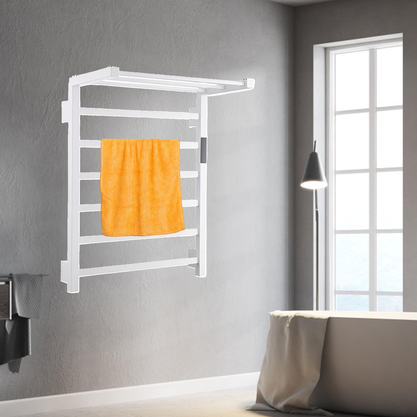 Toallero Eléctrico con Estante Superior, Estante De Acero Inoxidable para Baño, Radiador Eléctrico De Pared, Toallero Eléctrico - Negro - Cableado Fijo, Blanco - Cableado Fijo