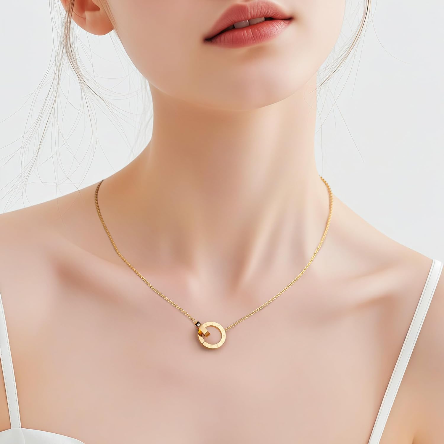 Roman Numeral Circle Pendant Necklace, 18K Gold-Plated Chain, Crystal Accent - Image 2