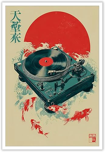 Bizabud Póster de vinilo retro para tocadiscos de música japonesa, arte de pared asiático, Ukiyo-e Koi, peces que nadan, inspiradas en zen, pintura