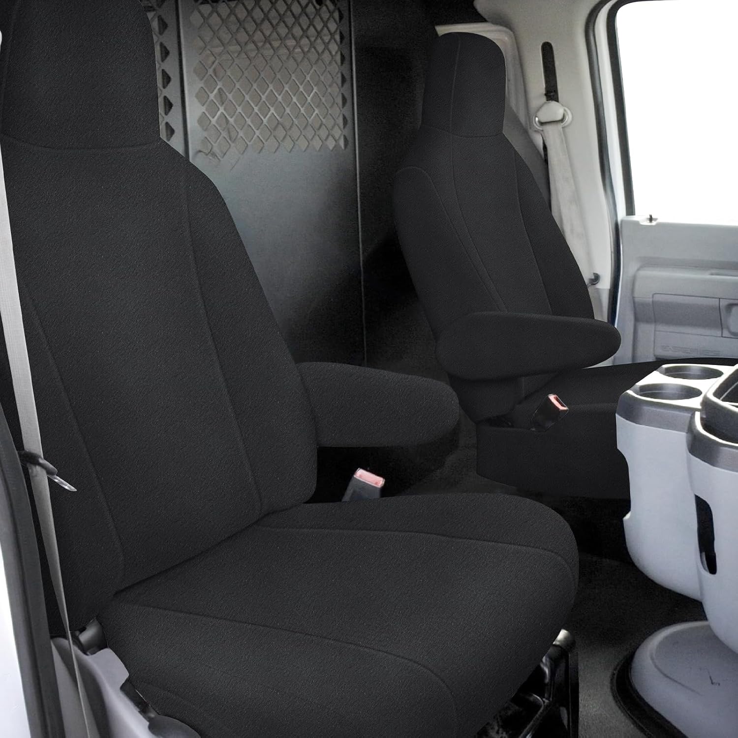 Front Seat Cover Compatible with 2009-2022 Ford E150-E350 Van Front High Back Bucket Seats with Molded Headrest Seat Covers, Dutch Velvet Automotive Cover Cushion Accessories, Black