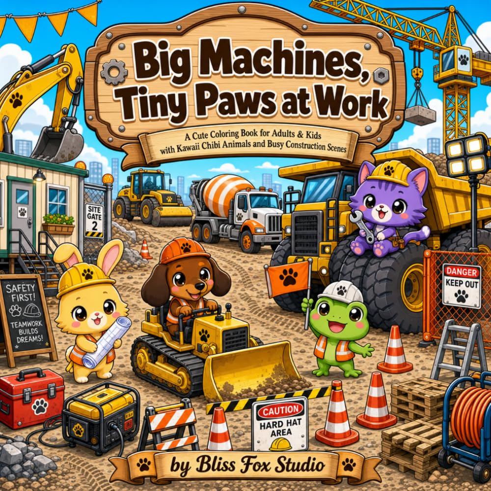 Big Machines, Tiny Paws at Work: A Cute Coloring Book for Adults & Kids with Kawaii Chibi Animals and Busy Construction Scenes