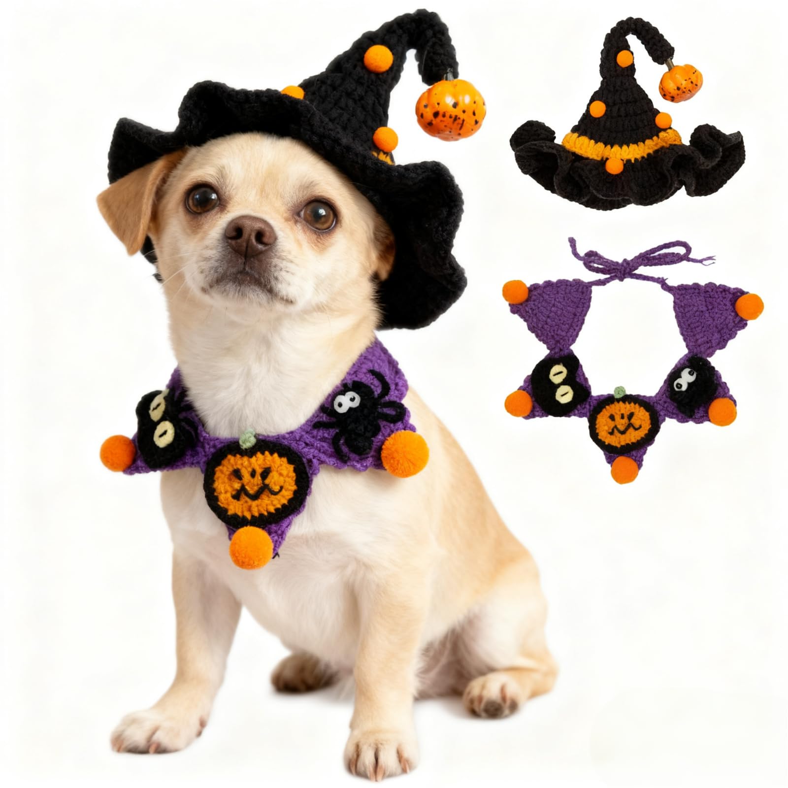 Vêtements d'Halloween pour petit chien anti-stress avec chapeau de sorcière souple