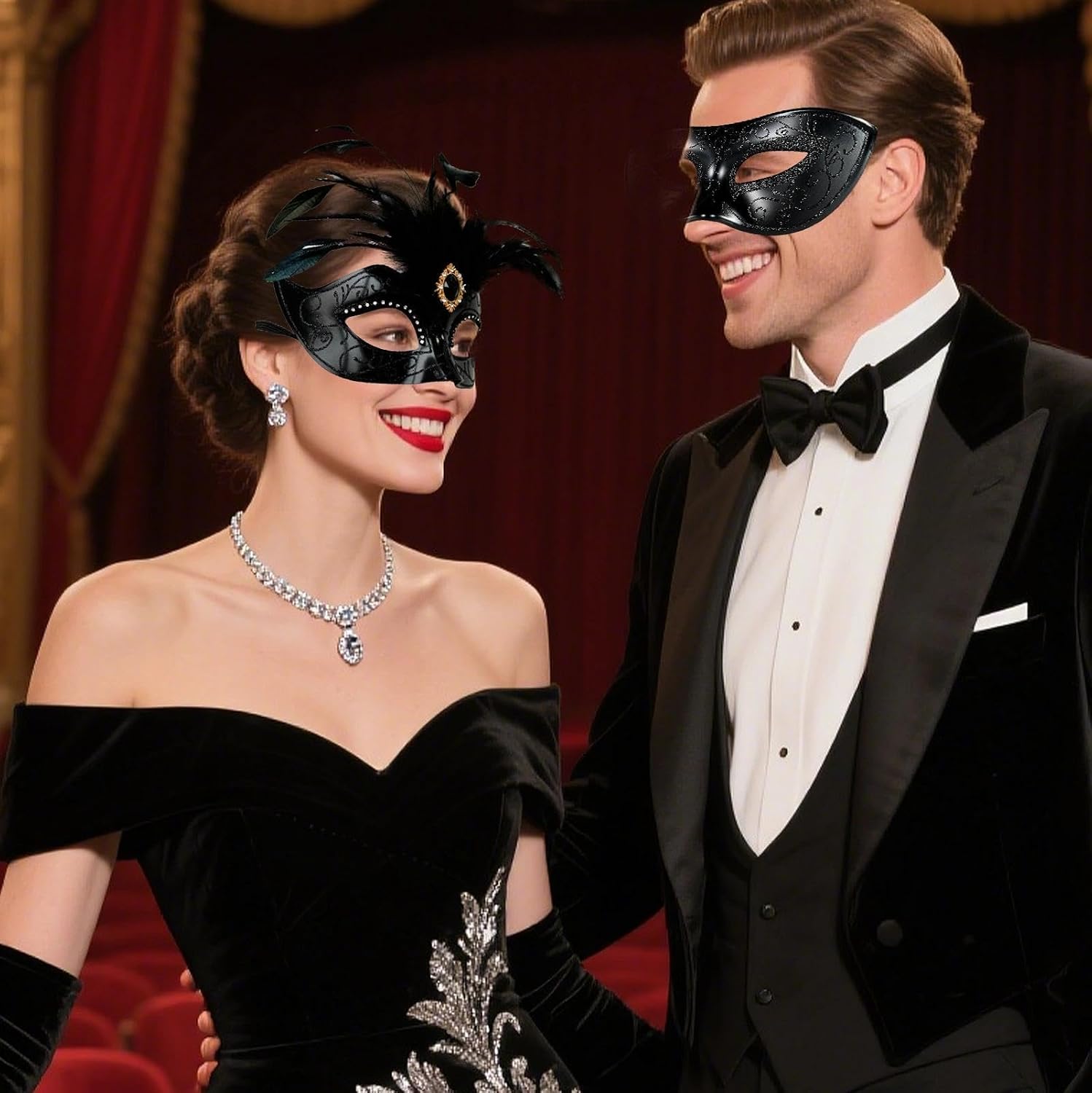 MYSEUNI Masquerade Mask for Couple with Feathers - Womens Feather Carniva Masks & Men Venetian Mask for Halloween, Christmas