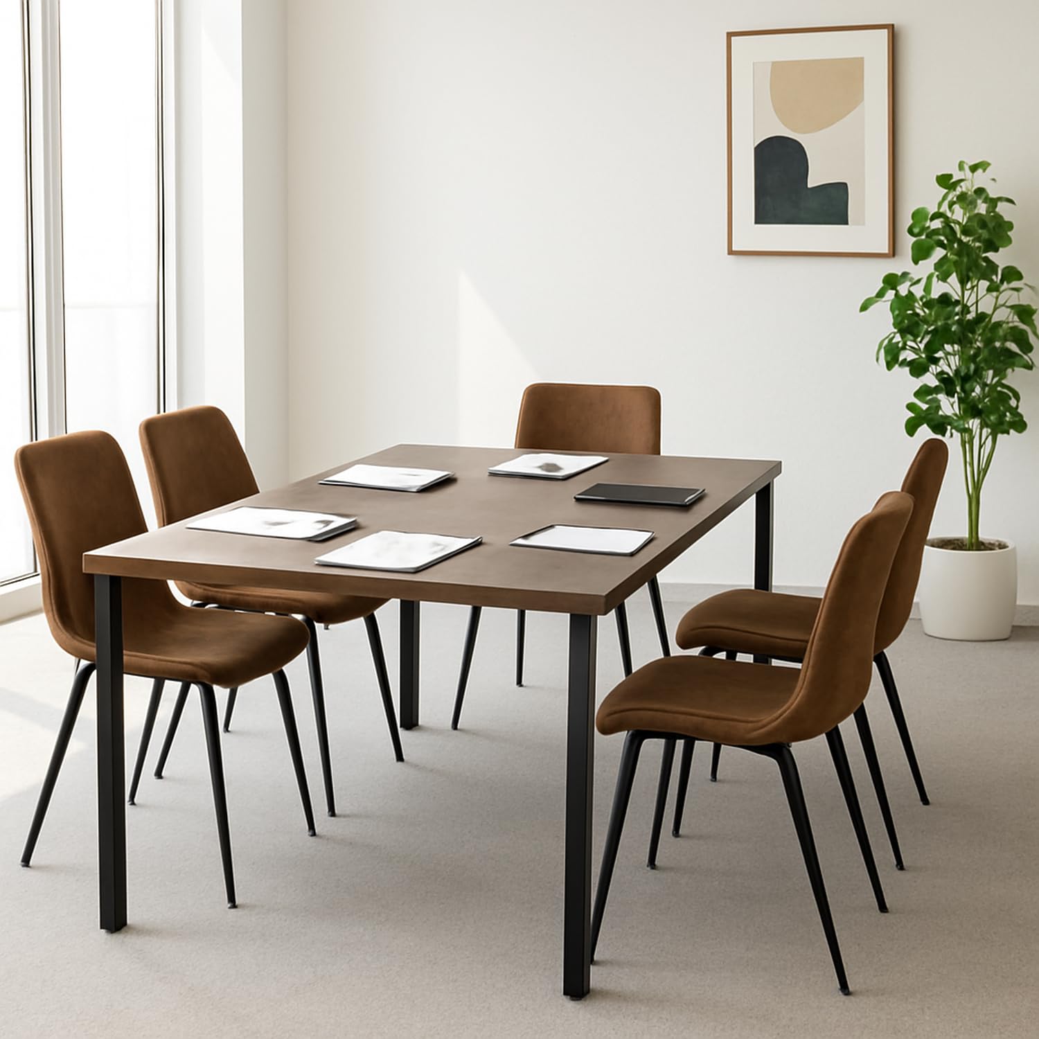 FurnitureR 4 PCS Chaises de Salles de Réunion en Marron Suède, Dossier Ergonomique Rectangulaire, Design Contemporain, Matériau en Métal Durable, pour Bureau ou Maison, Élégance et Confort