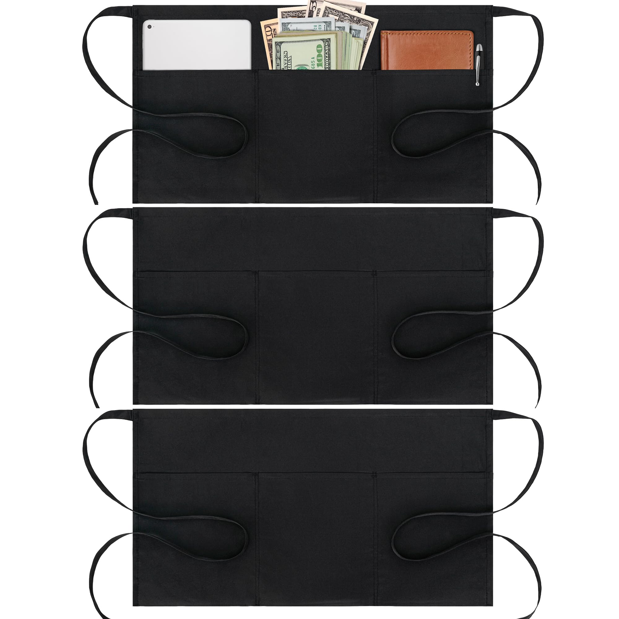 BOHARERS Cotton Server Aprons 3 Pack Waiter Waitress Apron Short Apron with Pockets Restaurant BBQ 12 Inch Black