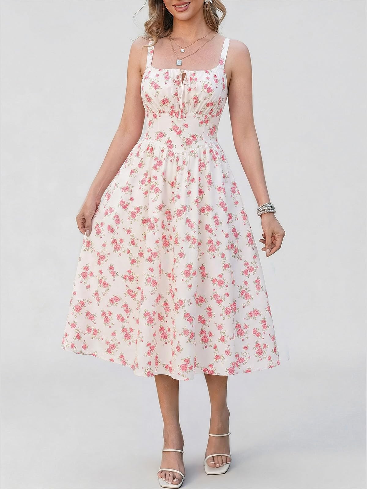 Cicy Bell Abito Estivo da Donna, con Motivo Floreale, Senza Maniche, con Spalline