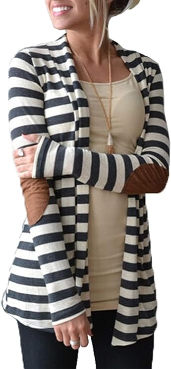 Women's Shawl Collar Striped Cardigan Long Sleeve Elbow Patch Open Front Sweater top