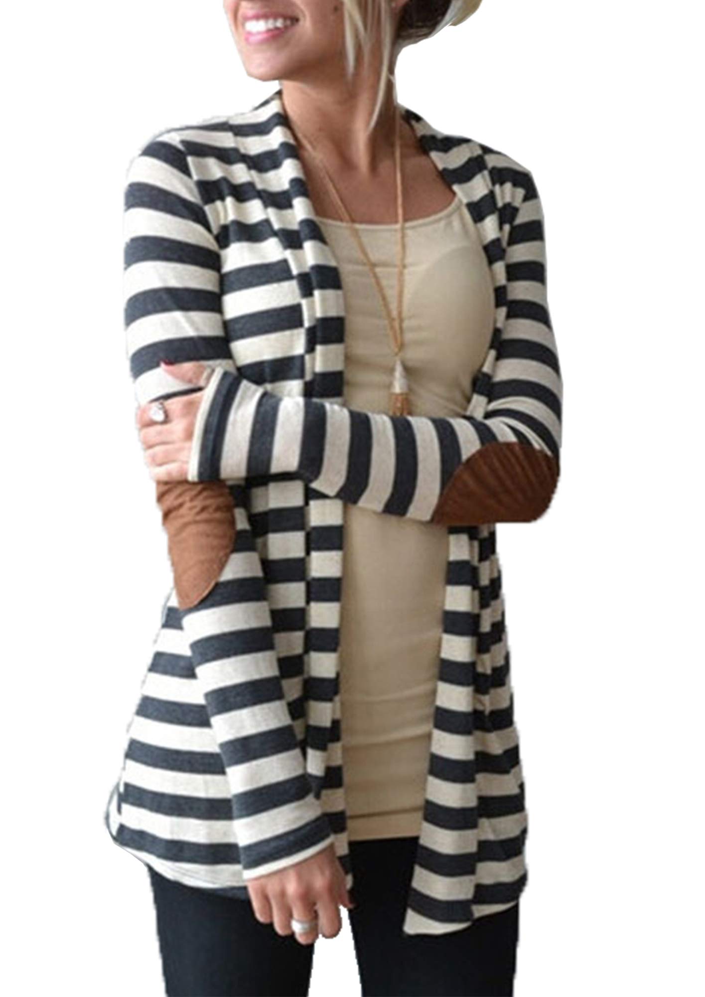 Women's Shawl Collar Striped Cardigan Long Sleeve Elbow Patch Open Front Sweater top