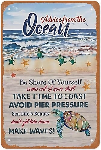 Miniatura 14 de Póster de metal Life Is Like The Ocean Turtle de 12 x 8 pulgadas, decoración de pared náutica de playa costera, color verde azulado, cita