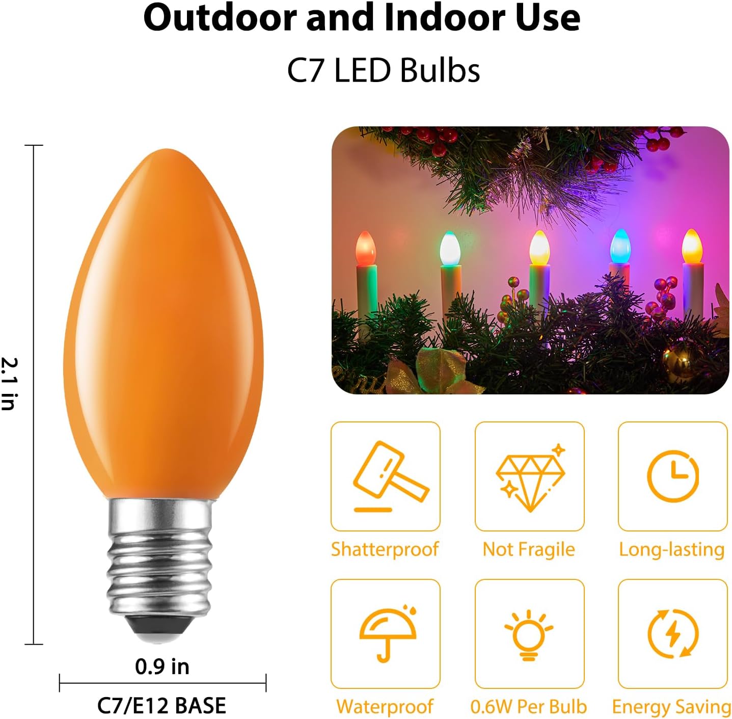 Brightown 50 Pack C7 Led Christmas Lights Bulb Replacement Light Bulbs Multicolor Commercial Light Bulbs, C7/E12 Candelabra Base Fits C7 Christmas Holiday Indoor Outdoor String Lights