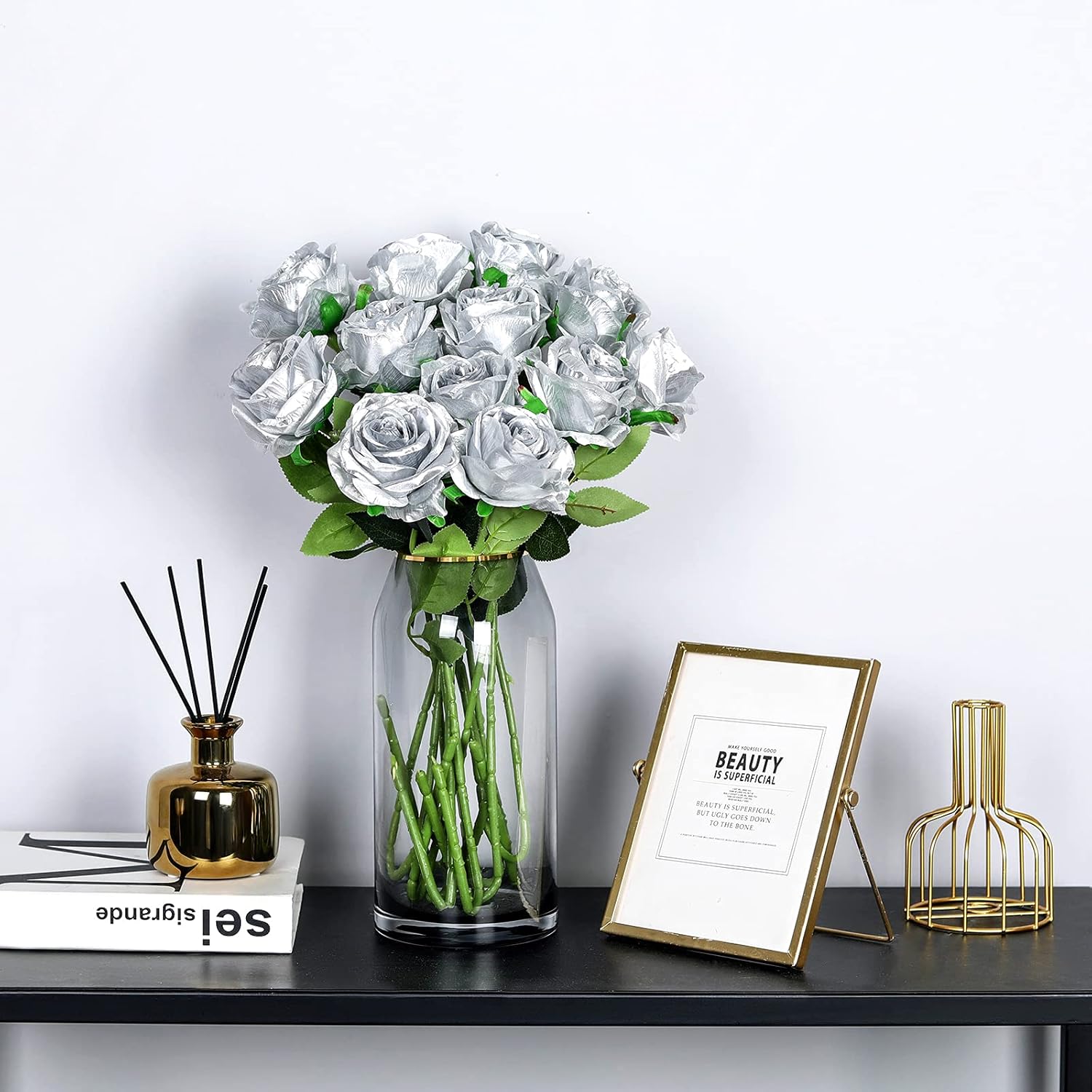 Hawesome 12PCS Artificial Silk Flowers Realistic Roses Bouquet Long Stem for Home Wedding Decoration Party (Silver 1) - Image 5