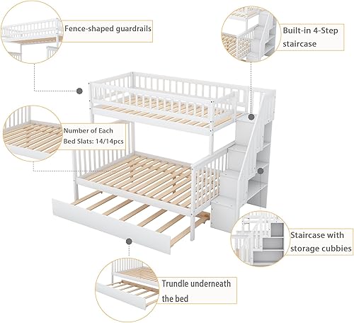 Miniatura 61 de Merax Litera de escalera individual sobre matrimonial con nido, escalera de almacenamiento y barandilla de longitud completa, litera de