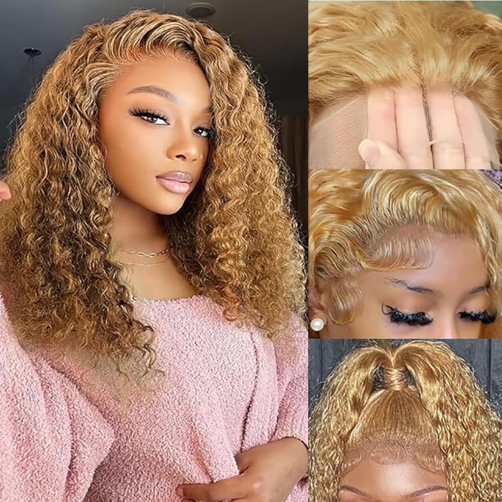13x6 Lace Front Echthaar Perücke Damen Water Wave Human Hair Wig Wear and Go Glueless Remy 150% Density Pre Plucked Natural Hairline Honey Blonde Color for Woman 26 Inch