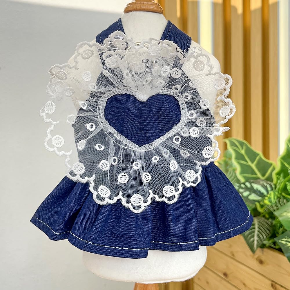 Spring Summer Pet Dog & Cat Princess Dress - Denim Dress with Lace Love Heart for Small & Medium Pet
