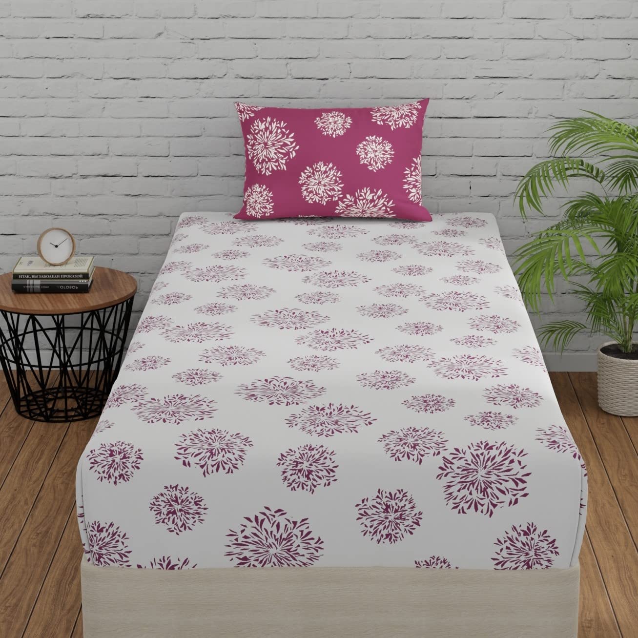Huesland by Ahmedabad Cotton 144 TC Elastic Fitted Bedsheets Single Bed Cotton with 1 Pillow Cover | 3ft x 6.5ft | White & Mauve