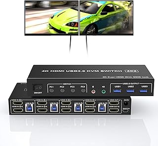 USB 3.0 KVM Switch 2 Monitors 4 Computers, Supports EDID, HDMI 4K 60Hz Monitor Switch for 4 PC 2 Monitors with Audio Microphone Output and 3 USB 3.0 Ports, PC Monitor Keyboard Mouse Switcher for 4 PCs