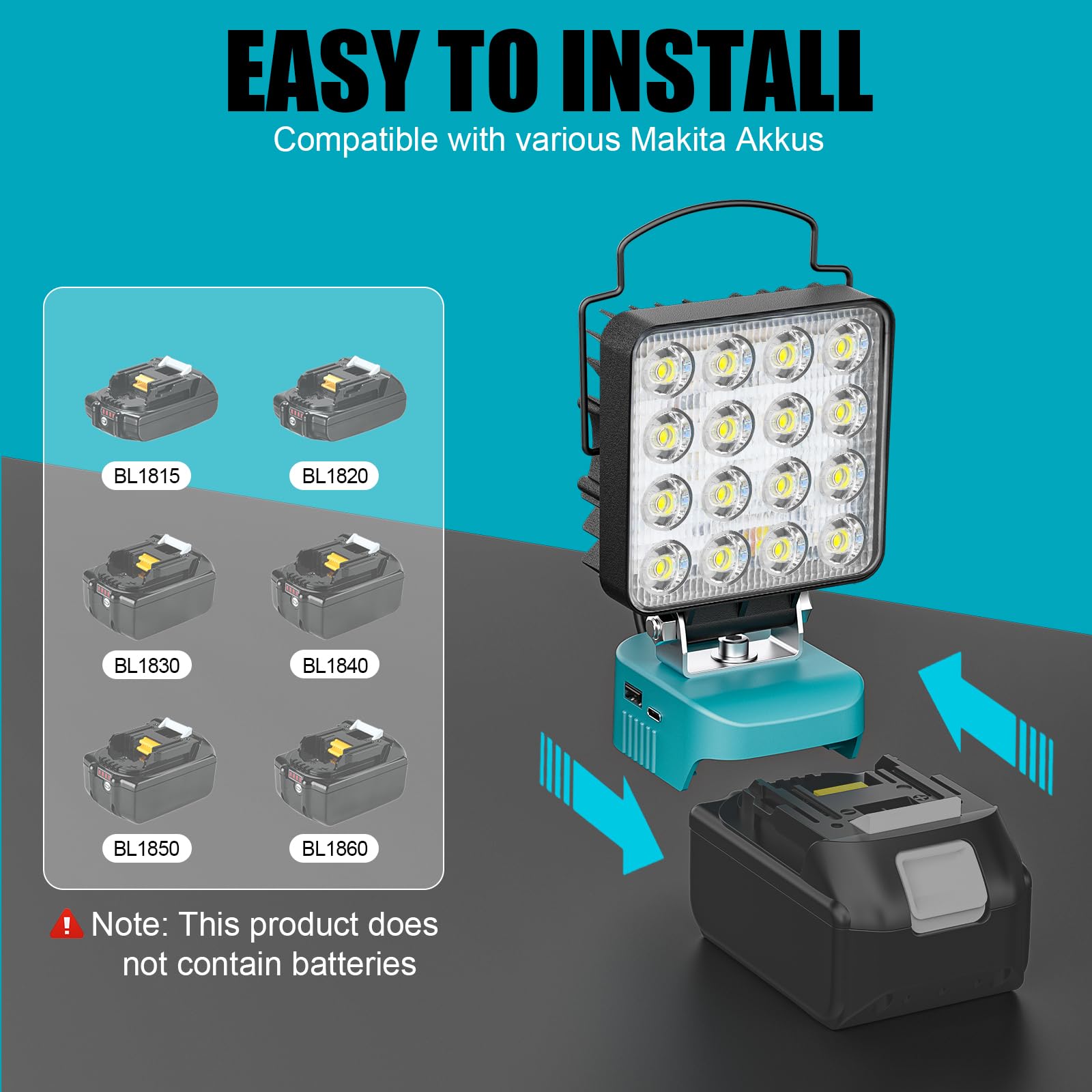 LIVOWALNY Lampe LED Rechargeable Compatible avec Makita 18V Batterie, 48 W Projecteur LED Chantier à Double Interrupteur avec Type C/USB Lampe de Travail Pour Camping, Chantier(Outils Uniquement)