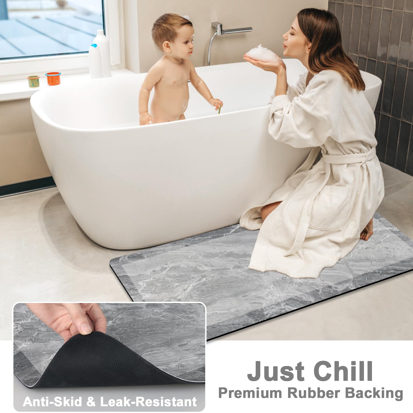 Badematte Super Saugfähig & Schnell Trocknend - Hellgrau 43x120cm Mit Anti-Rutsch