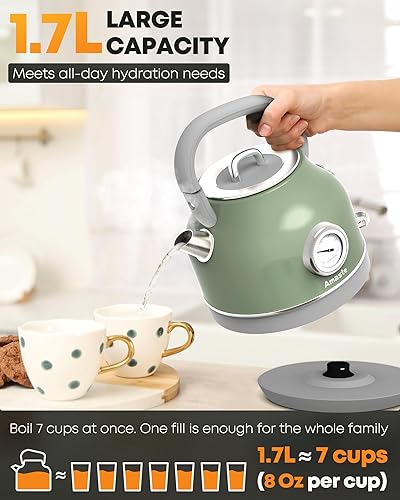 Miniatura 6 de Amaste Hervidor eléctrico, hervidor de té eléctrico retro con termómetro, hervidor de agua caliente de 57 onzas para café y té, acero inoxidable