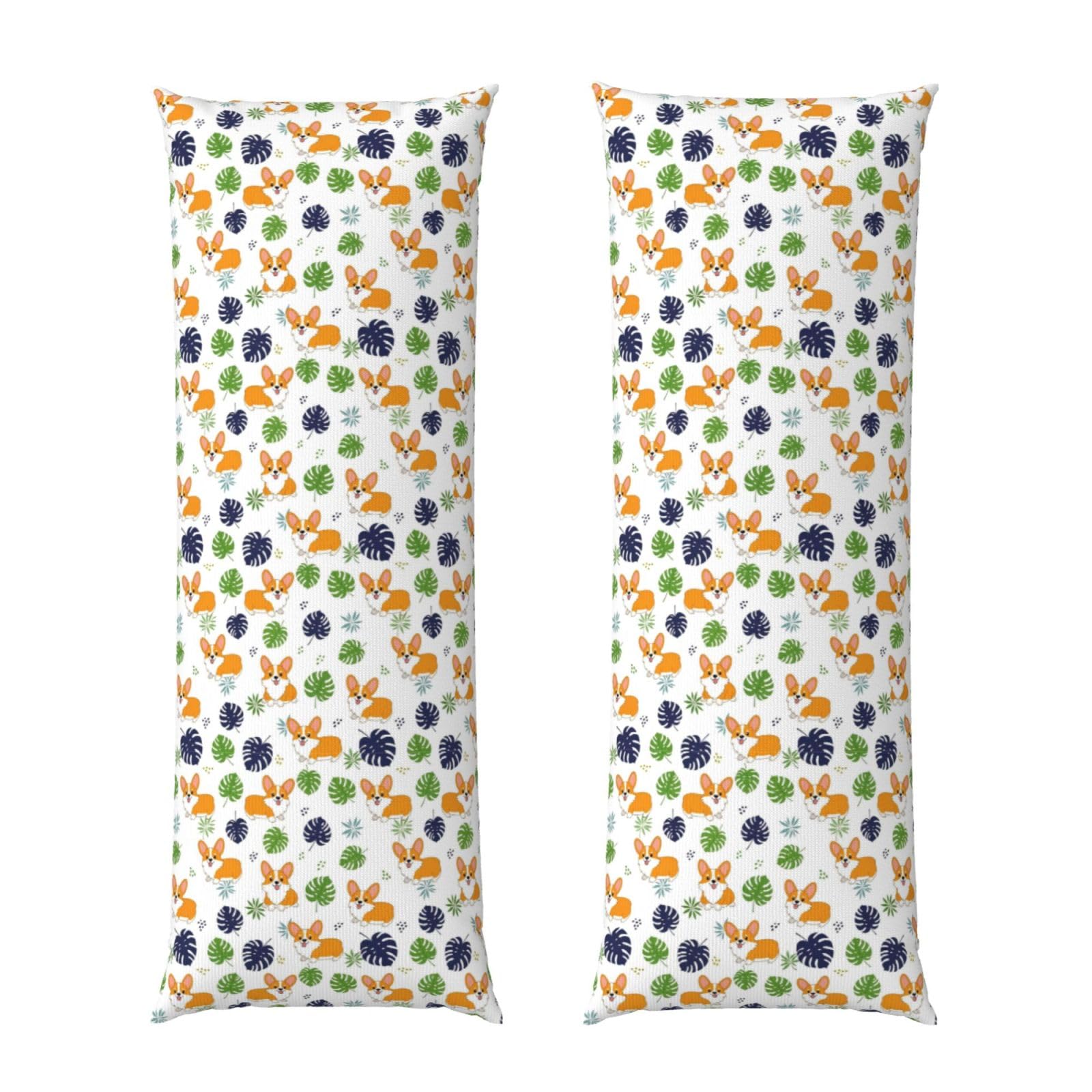 Body Pillow Cover 20x54, Cute Corgi Funny Fat Dog Tropical Leaves, Soft Microfiber Long Pillowcase with Zipper Closure, Breathable Protector for Bedroom Sofa Couch Sleeping