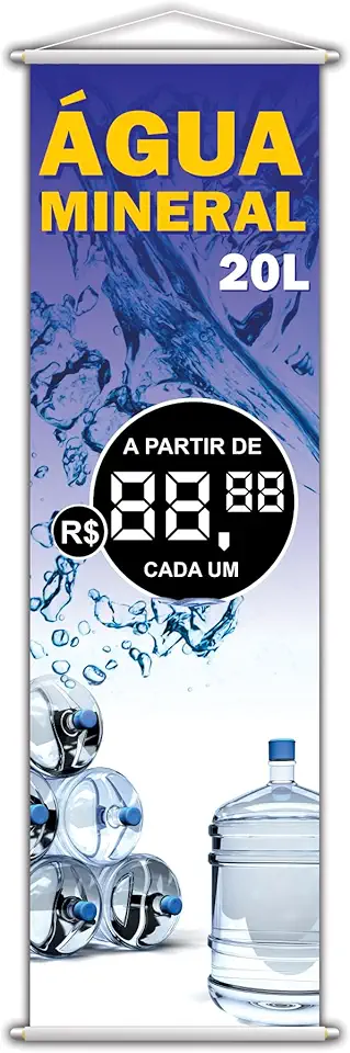 Banner Promocional Água Mineral 20L, com Suporte, 100x30 cm Azul