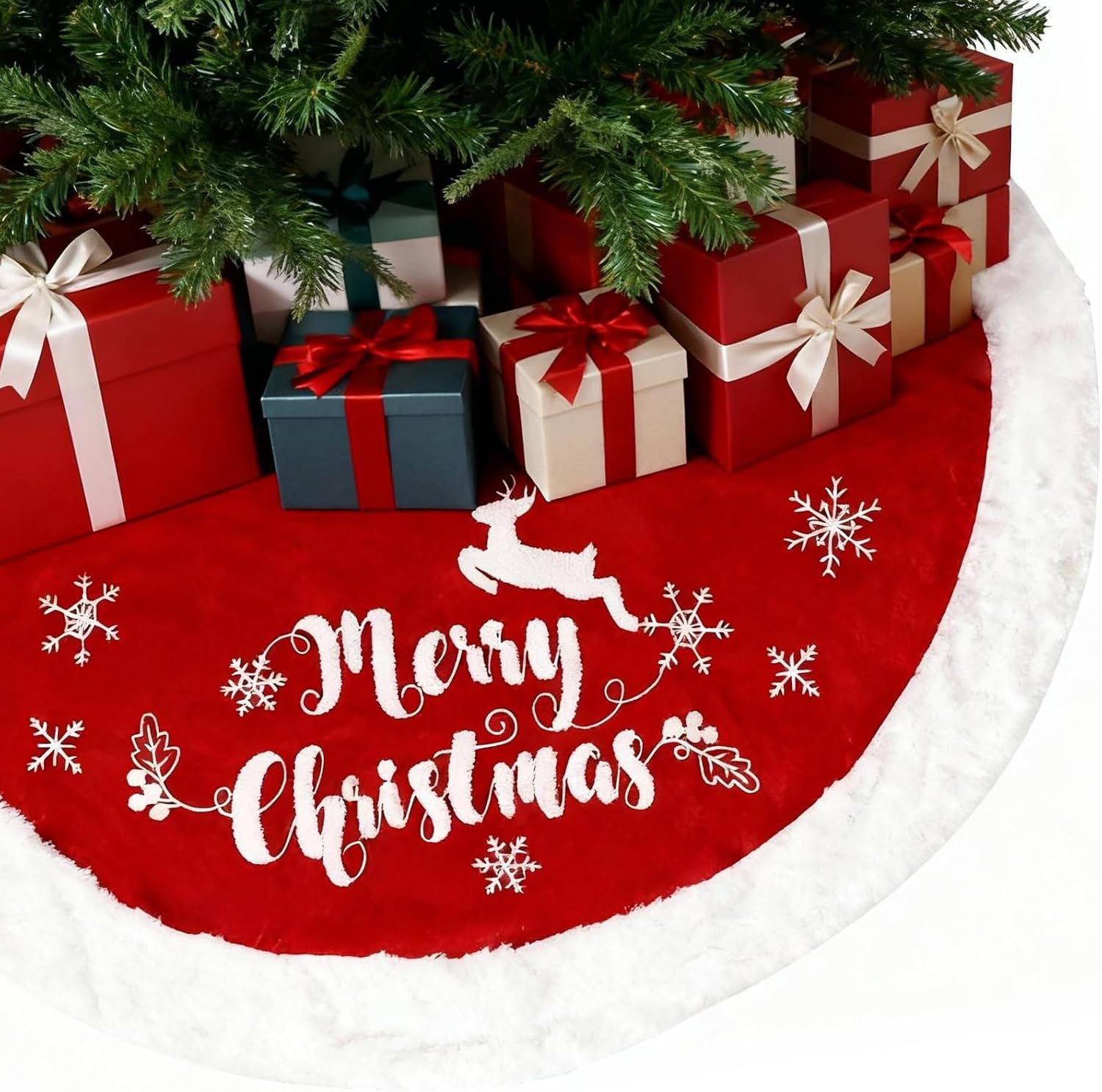 48 Inch Christmas Tree Plush Skirt,Faux Fur Christmas Tree Skirt with Snowflakes,Christmas Decorations Tree Base Skirt for Xmas Tree Decoration,Holiday Home Party Decor