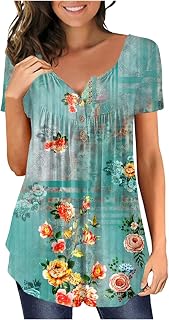 BFTHWY Holiday Elastic Elegant Short Sleeve T-Shirts Hike Tunic Button-Dow Print Relaxed Fit V Neck T Shirt