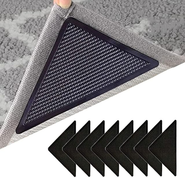 YANKUIRUI 8 PCS Rug Grippers Upgraded Rug Tape Non-Slip Double Sided, Reusable and Washable Anti Skid Rug Grips, Anti Curling Corner Carpet Stickers for Wooden, Tiles, Hard Floors to Make Corner Flat