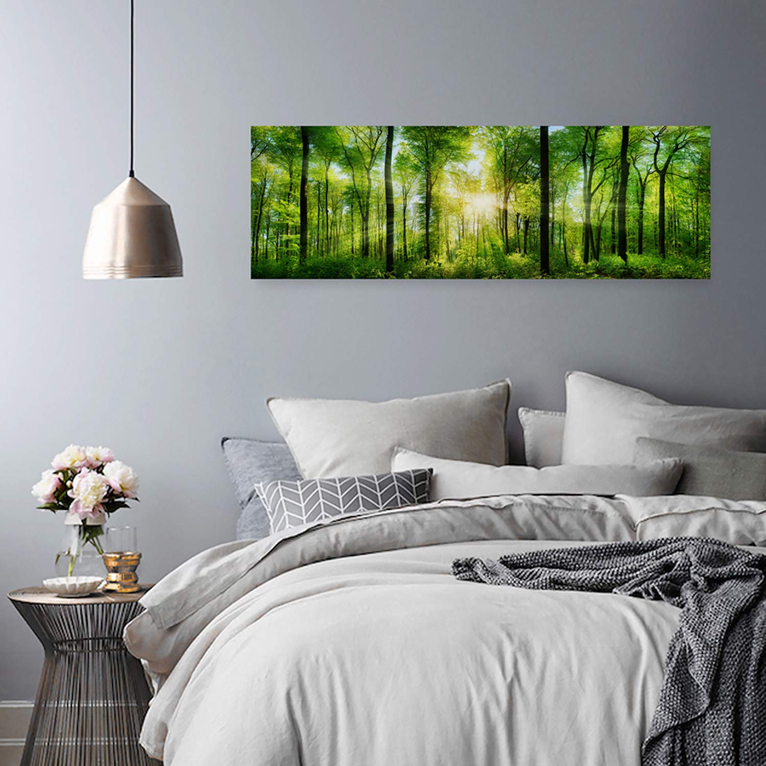 Feeby Bilder Wald Bäume XXL 150x50 cm 1 Teilig Wohnzimmer Schlafzimmer Büro Flur Küche Wandbilder Modern Bild auf Leinwand Wanddekoration Kunstdruck Design Sonne Natur Grün