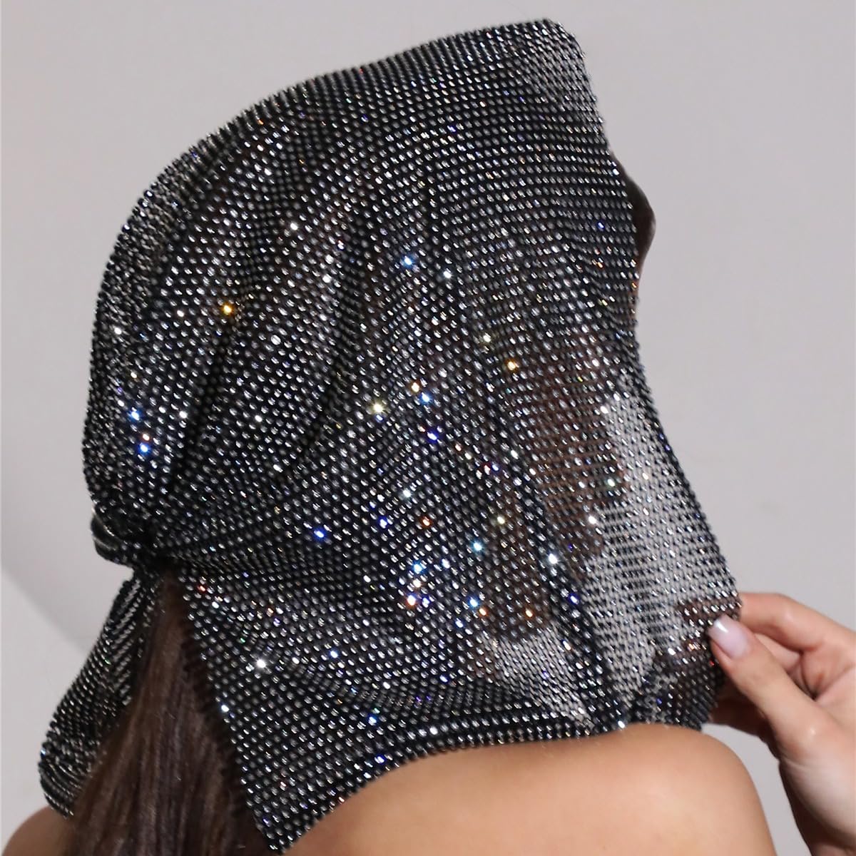Sparkly Rhinestone Mesh Head Scarf Hood Crystal Headband for Women Festival Concert Club Party Accessory