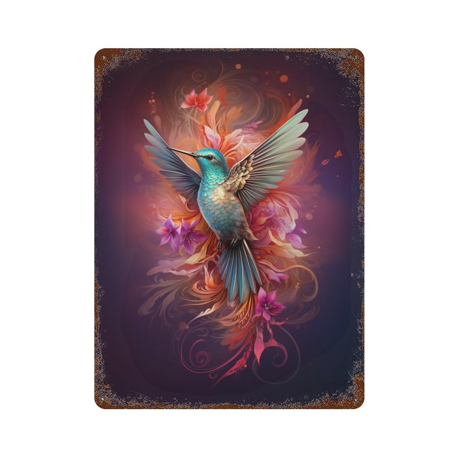Hummingbird Fantasy Artwork Rusty Metal Tin Sign 15.7"x11.8", Ideal for Shed, Workshop And Garage Wall Decor