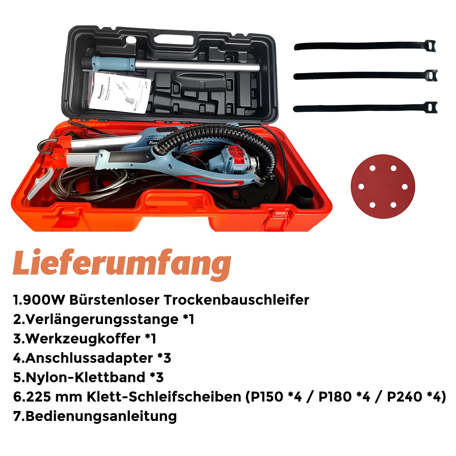 FANZWORK Trockenbauschleifer mit Bürstenlosem EC-Motor 900W, ULTRA-Leicht, 225mm Schleifgiraffe, bis 2300 U/min, Länge bis 1,9m, inkl. LED, 3,8m Kabel, Schleifscheiben, Sauger-Adapter, Tragkoffer