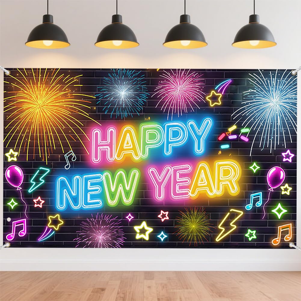 CRAFTYMELODY Happy New Year Banner 72×44 Inch New Year Backdrop Wall Banner with Fireworks Photo Booth Yard Sign Indoor Outdoor with Grommets 3.2 Yard String for Party Decoration Background Supplies
